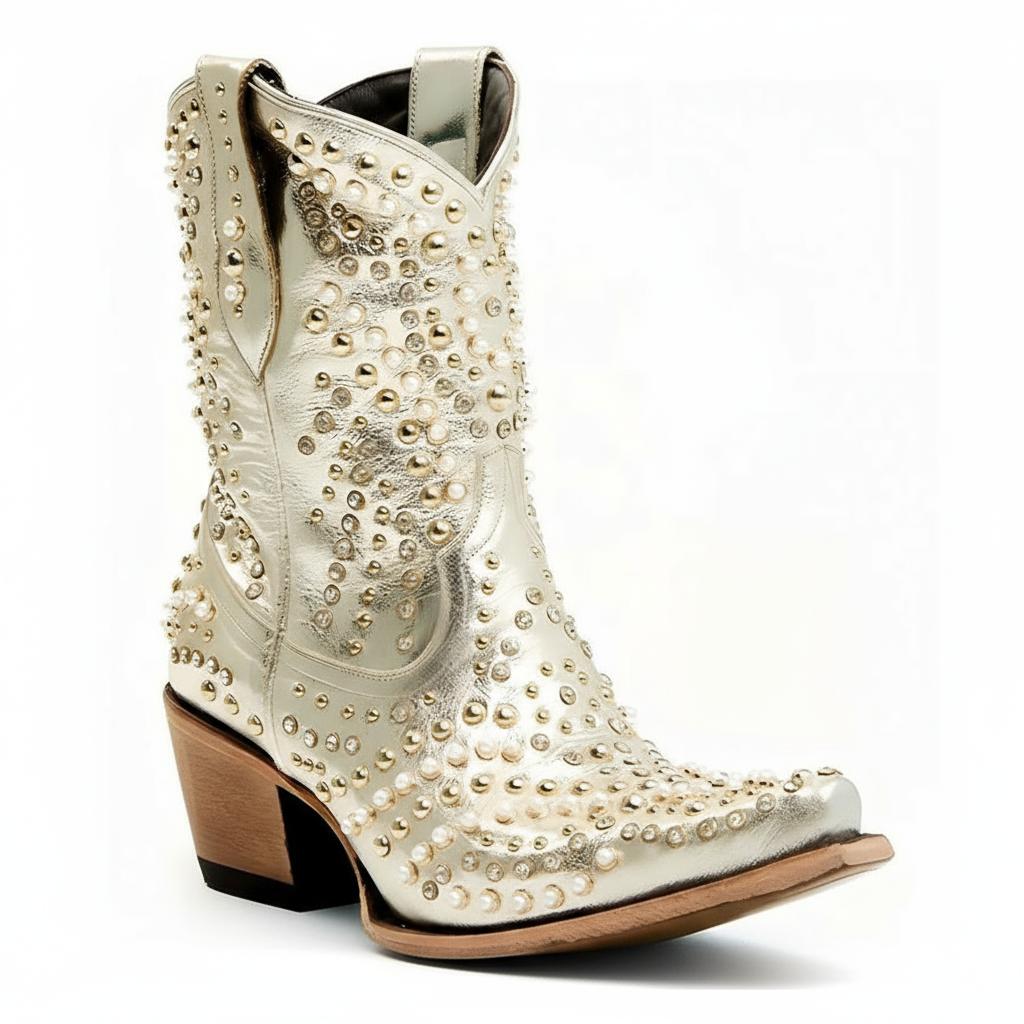 Tuhoomall Chunky Heel Western Short Ankle Boots for Women - Studded Design, Slip-On Comfort, Versatile for Travel and Weddings