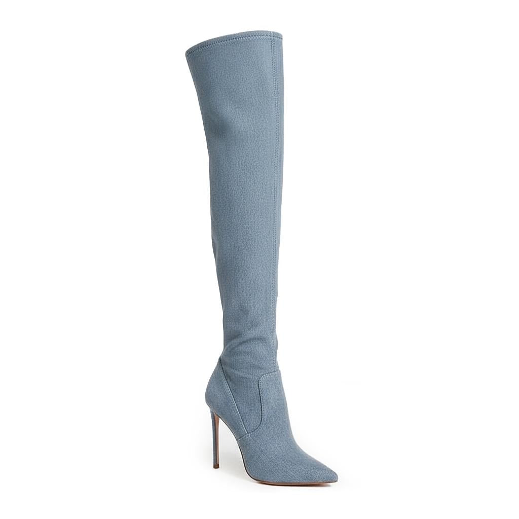Tuhoomall Stiletto Over-The-Knee Boots for Women, Pointed Toe Denim Fabric, 4-Inch Heel, Fashionable Party & Performance Wear