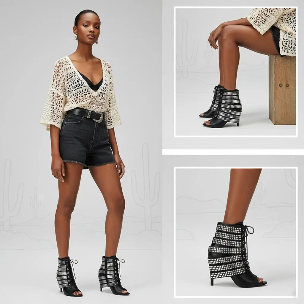 Tuhoomall Western Style Sparkling Ankle Boots with Peep Toe for Parties and Performances, High Heels, Studded Design, All-Season Fashion Tuhoomall