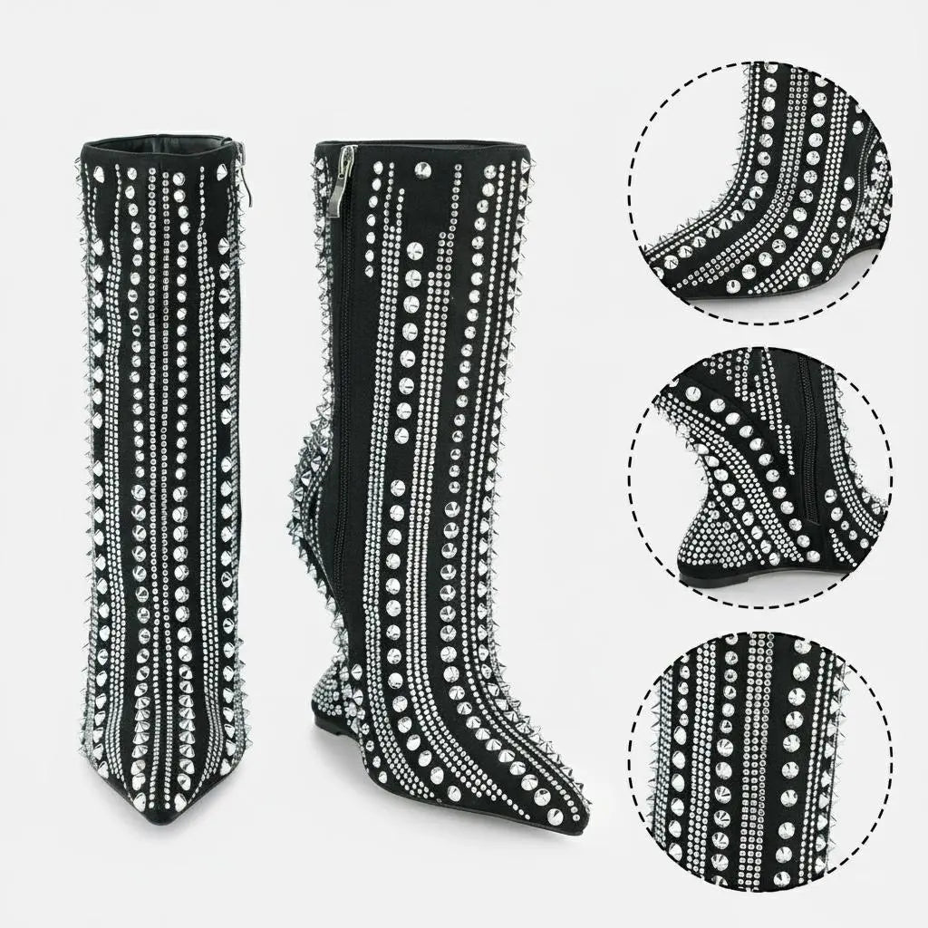 Tuhoomall High Heel Ankle Boots for Women - Striped Rhinestone Faux Suede Party Footwear with Zipper Closure and Unique Irregular Heels Tuhoomall