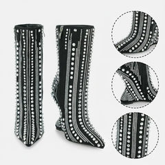 Tuhoomall High Heel Ankle Boots for Women - Striped Rhinestone Faux Suede Party Footwear with Zipper Closure and Unique Irregular Heels Tuhoomall
