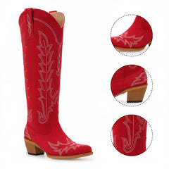 Tuhoomall Knee-High Floral Embroidered Boots for Women, Stylish Low-Heel Slip-On Shoes for All-Season Casual and Formal Wear