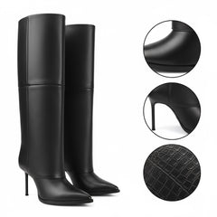 Tuhoomall Knee-High Stiletto Boots for Parties - Classic Style, Pure Color, Comfortable Fit, 10cm Heel, Perfect for Fashionable Evening Wear