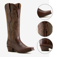 Tuhoomall Western Knee High Cowboy Boots for Women, Fashionable Casual Outdoor, Embroidered Design, Chunky Heel, Slip-On Style