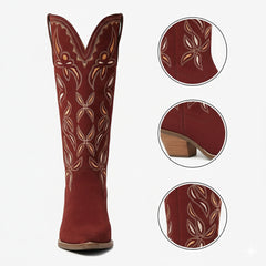Tuhoomall Western Style Floral Embroidered Mid Calf Boots for Women, Chic Casual Look with Sturdy Chunky Heel and Slip-On Design
