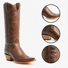 Tuhoomall Western Style Knee-High Cowboy Boots For Women, Comfortable Ankle Design, Fashionable Casual Look With Faux Leather In Crocodile & Snake Patterns