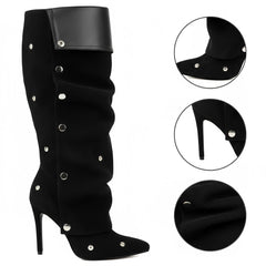 Tuhoomall Comfortable Knee-High Fashion Heels for Women - Chic Pointed Toe Ruched Boots with Rubber Sole