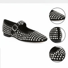 Tuhoomall Stylish Mary Jane Flats with Sparkling Studs, Pointed Toe, Low Heel for Fashionable Casual Wear