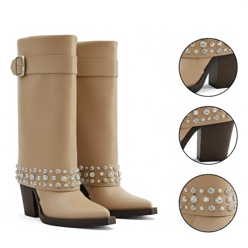 Tuhoomall Studded Ankle Boots for Women, Chunky Heeled, Adjustable Buckle, Versatile for Parties and Casual Wear Tuhoomall