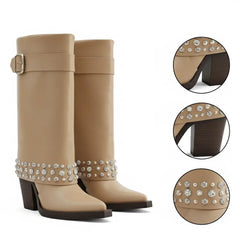 Tuhoomall Studded Ankle Boots for Women, Chunky Heeled, Adjustable Buckle, Versatile for Parties and Casual Wear Tuhoomall