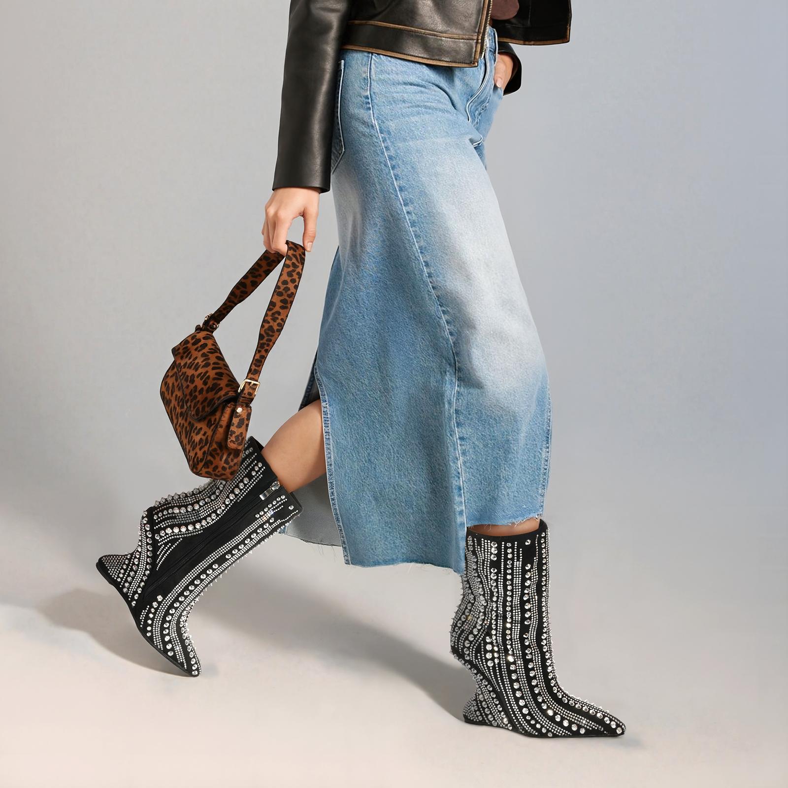 Tuhoomall High Heel Ankle Boots for Women - Striped Rhinestone Faux Suede Party Footwear with Zipper Closure and Unique Irregular Heels