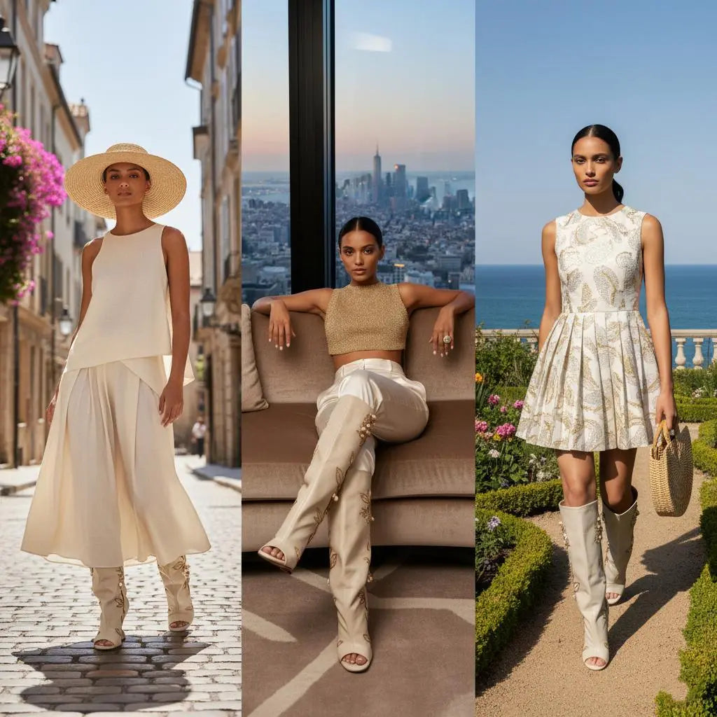 Tuhoomall Over-The-Knee Floral Embellished Heeled Boots for Party and Dance - Stylish Slip-On Design with Rhinestone and Sequin Detail Tuhoomall