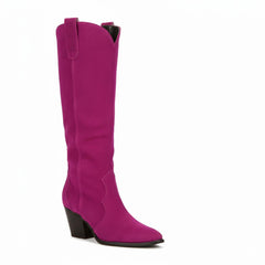 Tuhoomall Western Cowgirl Boots, Mid Calf Chunky Heels, Retro Classic Casual Style, Pointed Toe Slip-On, Solid Faux Suede, All Season Comfort