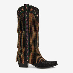 Tuhoomall Knee-High Fringe Boots with Rhinestones, Chunky Heel, Slip-On Design for Fashionable Occasions and Parties