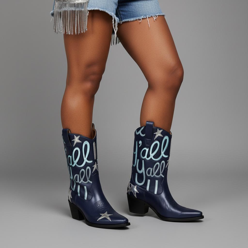 Tuhoomall Comfortable Western Boots for Fashion Parties and Daily Wear with Star and Letter Embroidery, Chunky Heel, Slip-On Design Tuhoomall