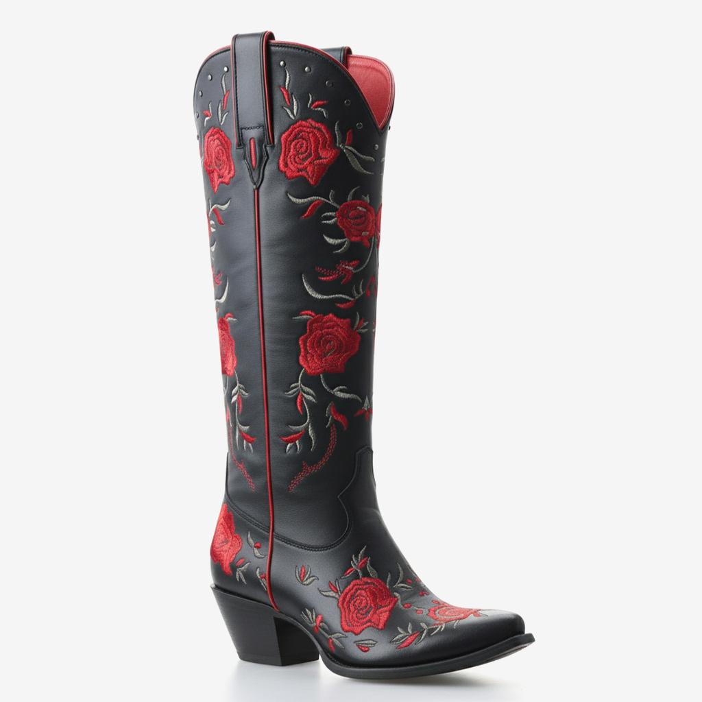 Tuhoomall Western Floral Embroidered Knee-High Boots with 5.5cm Chunky Heel for Casual and Party Wear, Stylish Slip-On Design, Durable Rubber Sole