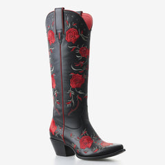 Tuhoomall Western Floral Embroidered Knee-High Boots with 5.5cm Chunky Heel for Casual and Party Wear, Stylish Slip-On Design, Durable Rubber Sole