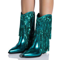 Tuhoomall Cowboy Ankle Boots for Women, Chunky Heel 3.15 in, Pointed Toe, Sequined Fringes, Perfect for Fashion Parties and Performances