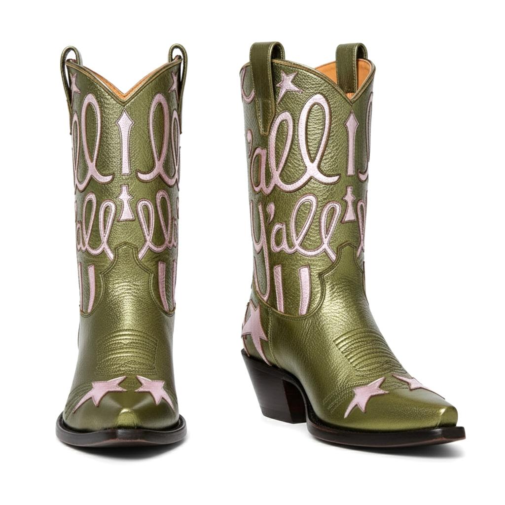 Tuhoomall Comfortable Western Boots for Fashion Parties and Daily Wear with Star and Letter Embroidery, Chunky Heel, Slip-On Design Tuhoomall