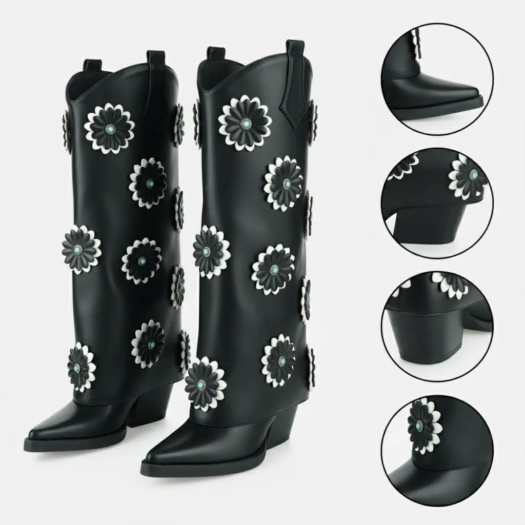 Tuhoomall Western Cowboy Knee High Boots for Women - Floral Pattern, Foldable Design, Chunky Heel, Perfect for Fashion, Outdoor and Casual Wear Tuhoomall