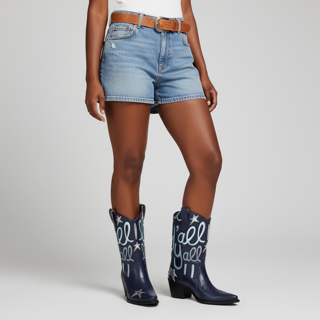 Tuhoomall Comfortable Western Boots for Fashion Parties and Daily Wear with Star and Letter Embroidery, Chunky Heel, Slip-On Design Tuhoomall