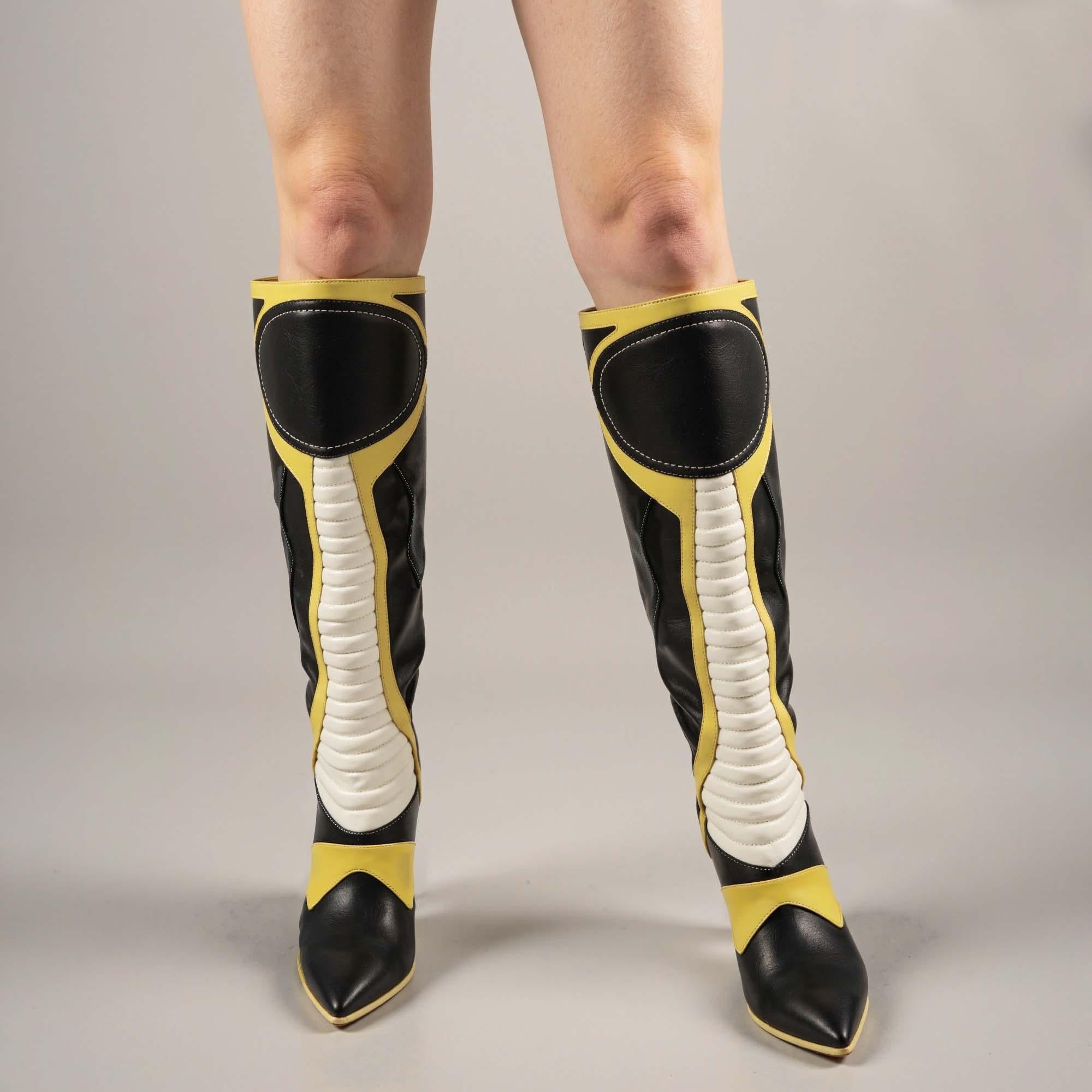 Tuhoomall Knee High Boots, Comfortable Stiletto Heels, Slip-Resistant Design, Stylish Striped Patchwork for Parties and Performances