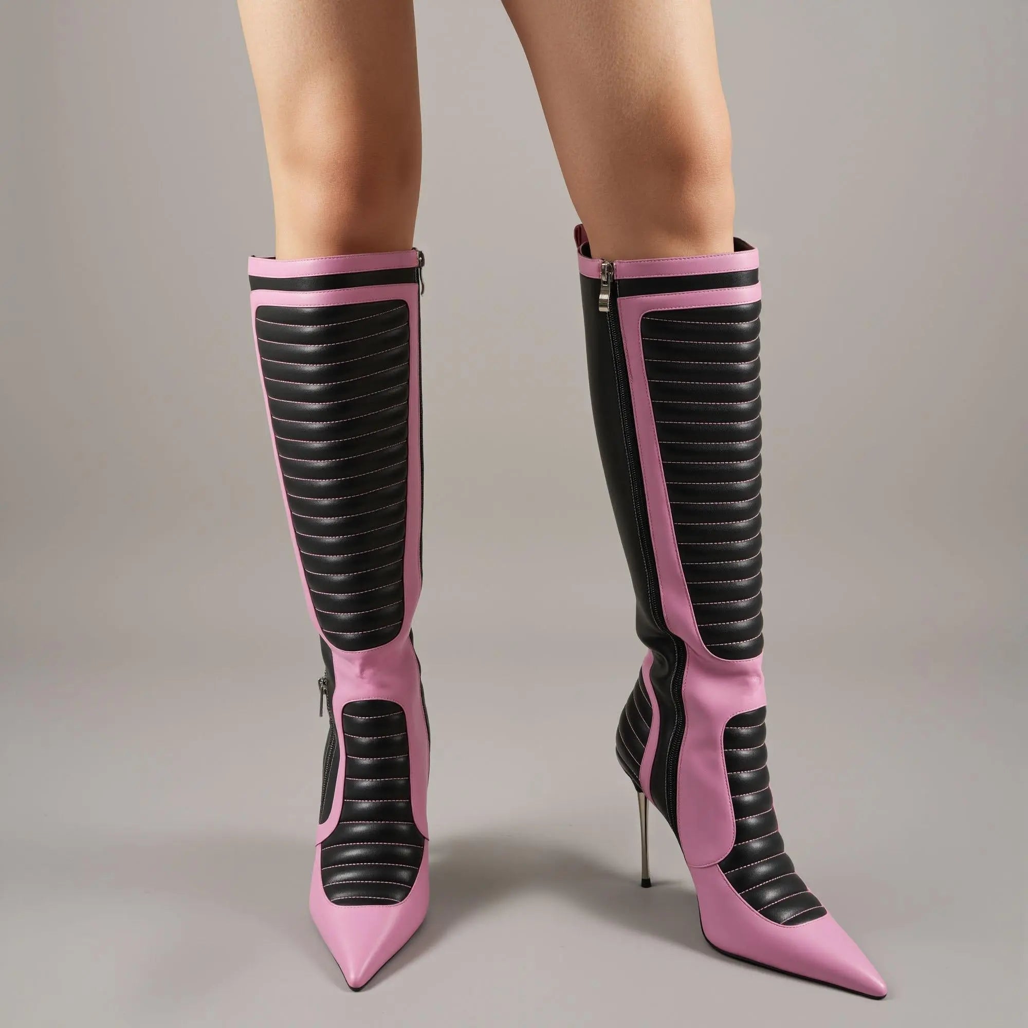 Tuhoomall Knee High Party Boots with Pointed Toe, 10cm Stiletto Heels, Stylish Striped Pattern, Perfect for Fashionable Events Tuhoomall