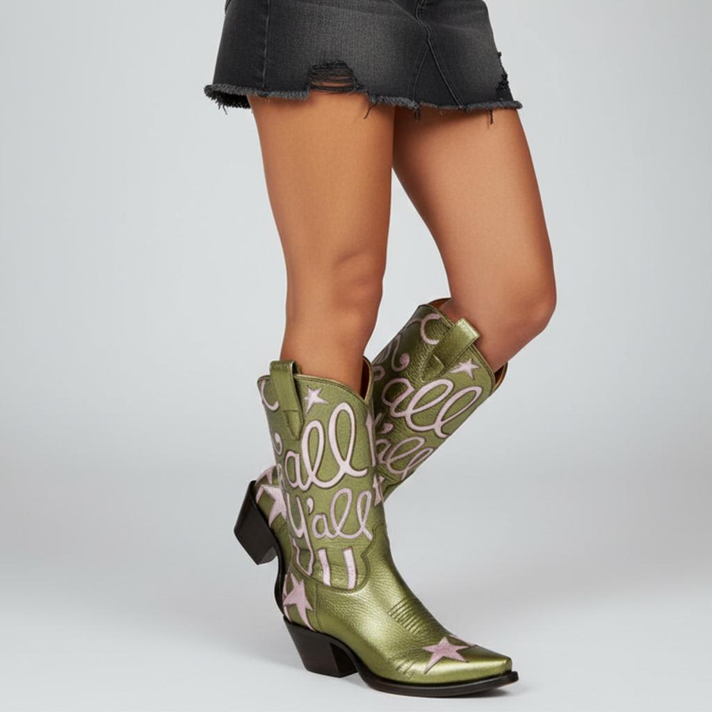 Tuhoomall Comfortable Western Boots for Fashion Parties and Daily Wear with Star and Letter Embroidery, Chunky Heel, Slip-On Design Tuhoomall