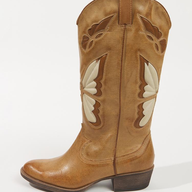 Tuhoomall Tan Butterfly Inlay Wide Calf Retro Cowgirl Tall Boots