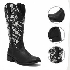Tuhoomall Comfortable Western Boots for Women - Floral Embroidered Design, Slip-On Style, Outdoor Fashion - Perfect for Everyday Wear