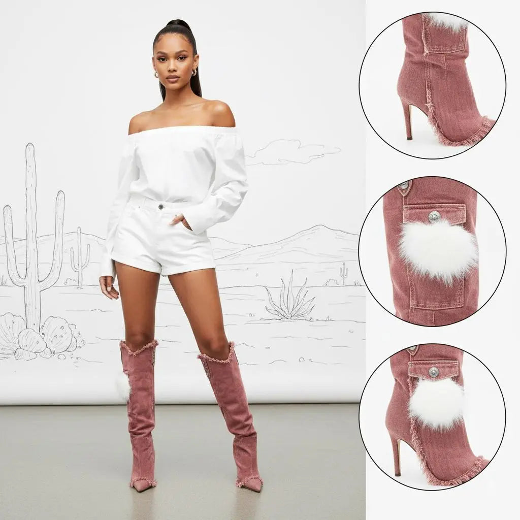Tuhoomall Knee High Boots with Faux Fur and Metallic Buckles for Vintage Parties and Casual Outings Tuhoomall