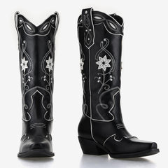 Tuhoomall Floral Embroidered Chunky Heel Ankle Boots for Women - Stylish Slip-On Comfortable Footwear for Travel and Casual Outings