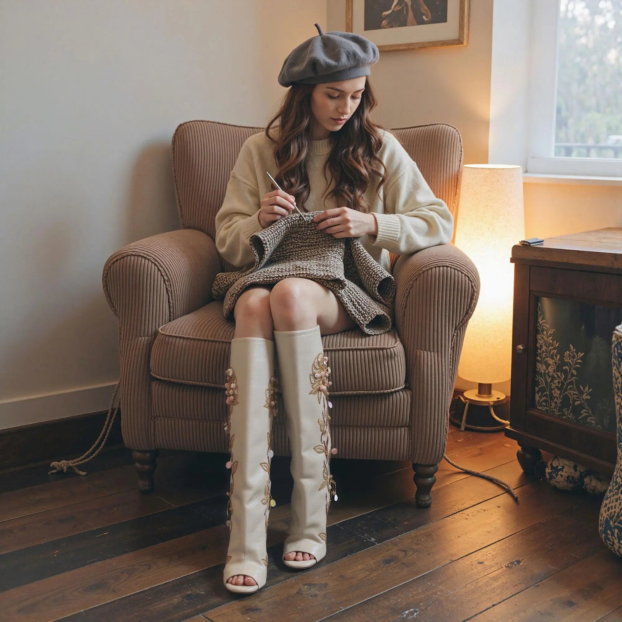 Tuhoomall Over-The-Knee Floral Embellished Heeled Boots for Party and Dance - Stylish Slip-On Design with Rhinestone and Sequin Detail Tuhoomall