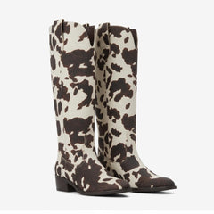 Tuhoomall Western Knee-High Cowboy Boots for Women, Stylish Animal Print, Chunky Heel, Vegan Friendly for Travel and Parties