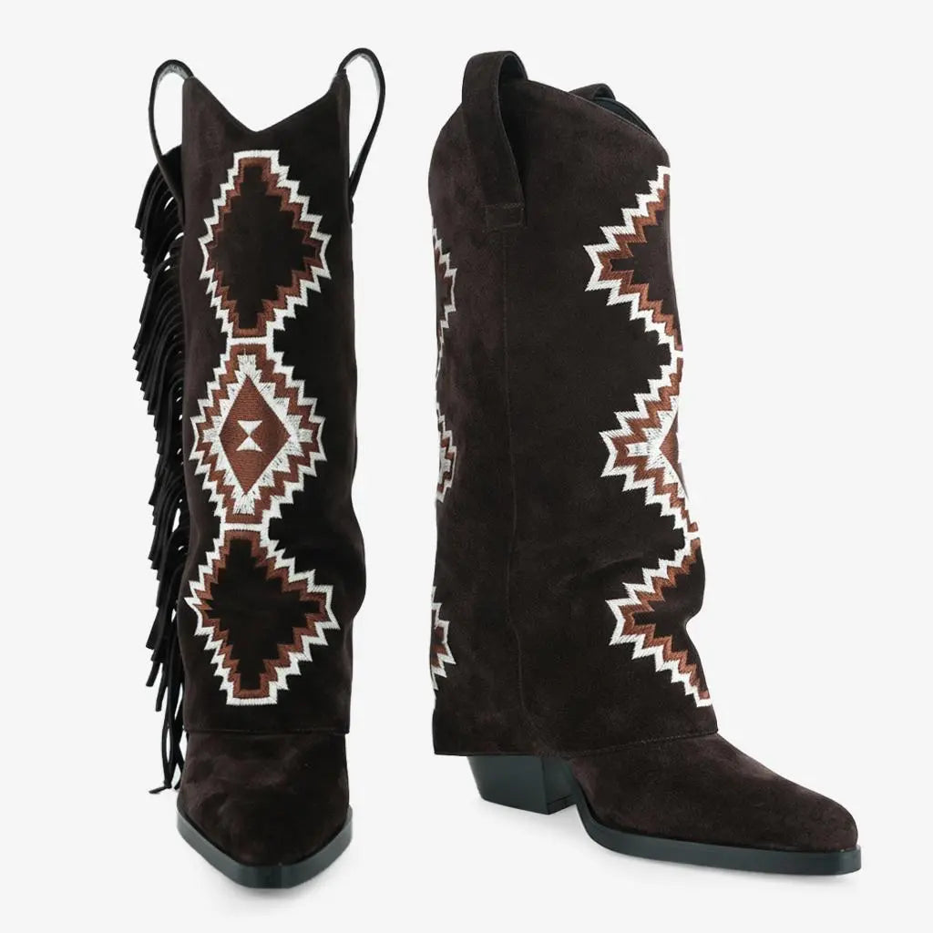 Tuhoomall Western Style Mid-Calf Booties with Colorful Geometric Patterns and Floral Embroidery - Perfect for Bohemian Chic Casual Outfits Tuhoomall