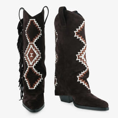 Tuhoomall Western Style Mid-Calf Booties with Colorful Geometric Patterns and Floral Embroidery - Perfect for Bohemian Chic Casual Outfits Tuhoomall