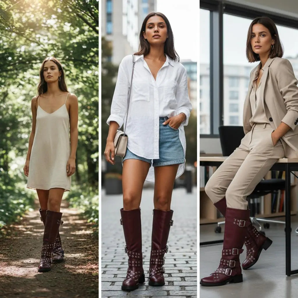 Tuhoomall Knee-High Stylish PU Combat Boots for Women with Adjustable Buckles and Metallic Accents, Casual and Formal Wear, Comfortable Low Chunky Heel Tuhoomall
