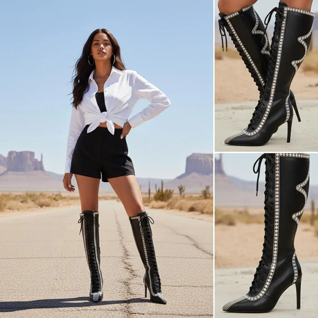 Tuhoomall Knee High Sparkling Rhinestone Heeled Boots for Parties, Performances, and Outdoor Fashion Fun Tuhoomall