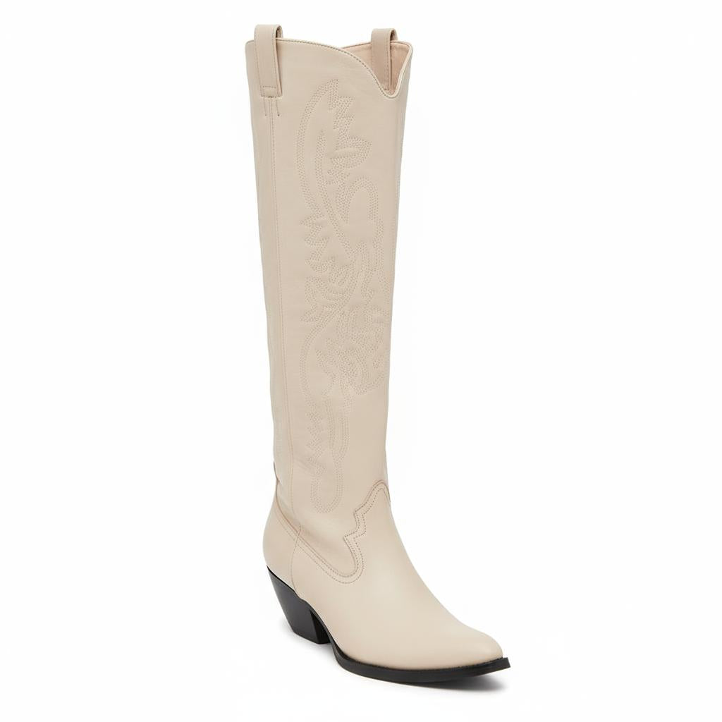 Tuhoomall Western Mid Calf Boots for Women, Embroidered Pointed Toe, Chunky Heel, Slip-On Design for Casual Style