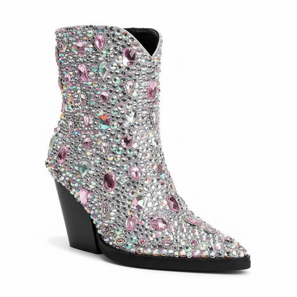 Tuhoomall Pointed-Toe Chunky Heel Ankle Booties with Rhinestones for Fashionable Ballroom Dance - Slip-On Design, 3.00 in Heel Height