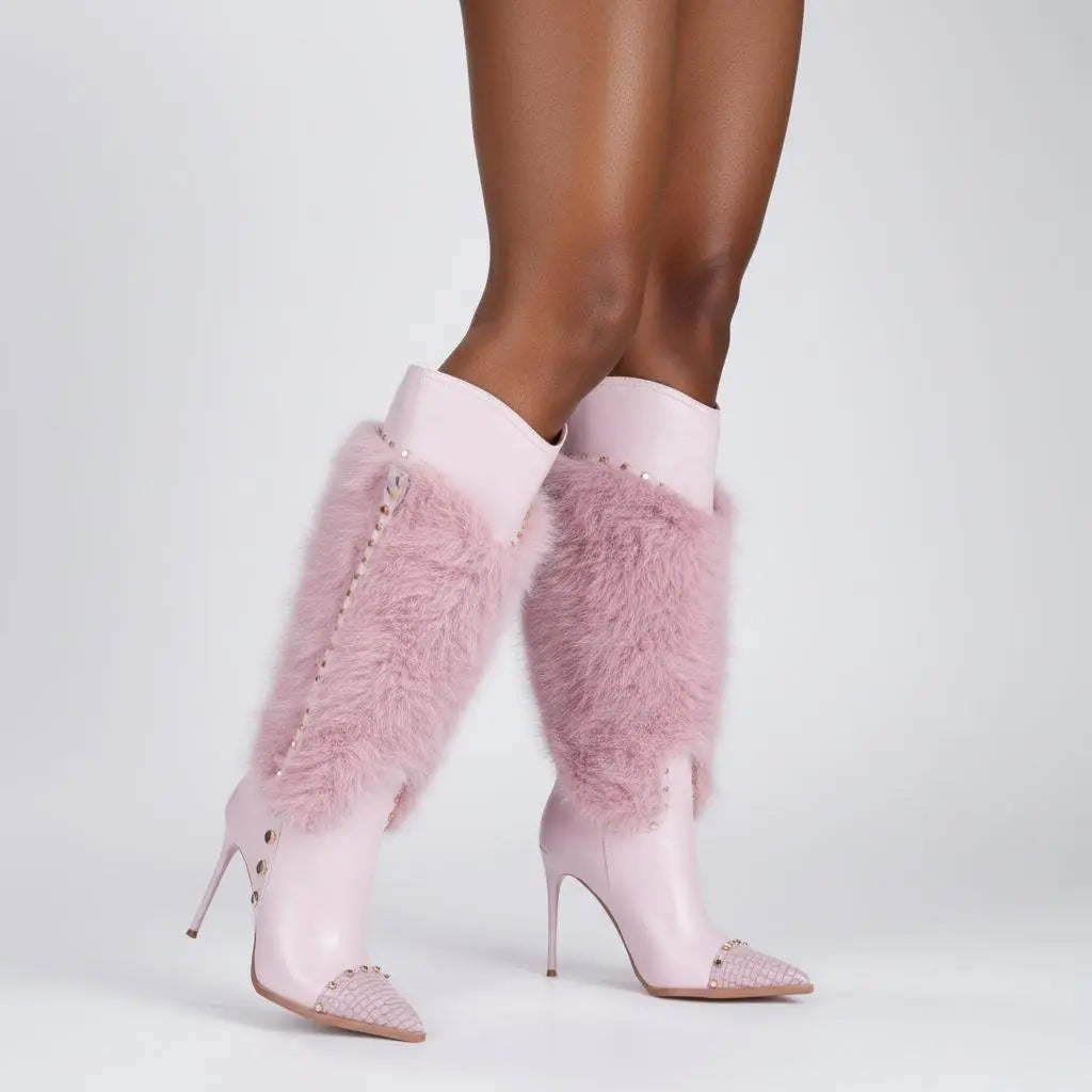 Tuhoomall Heel Fashion Boots for Women, Elegant Pointed Toe High Heels with Studs and Faux Fur, Ideal for Parties and Performances Tuhoomall