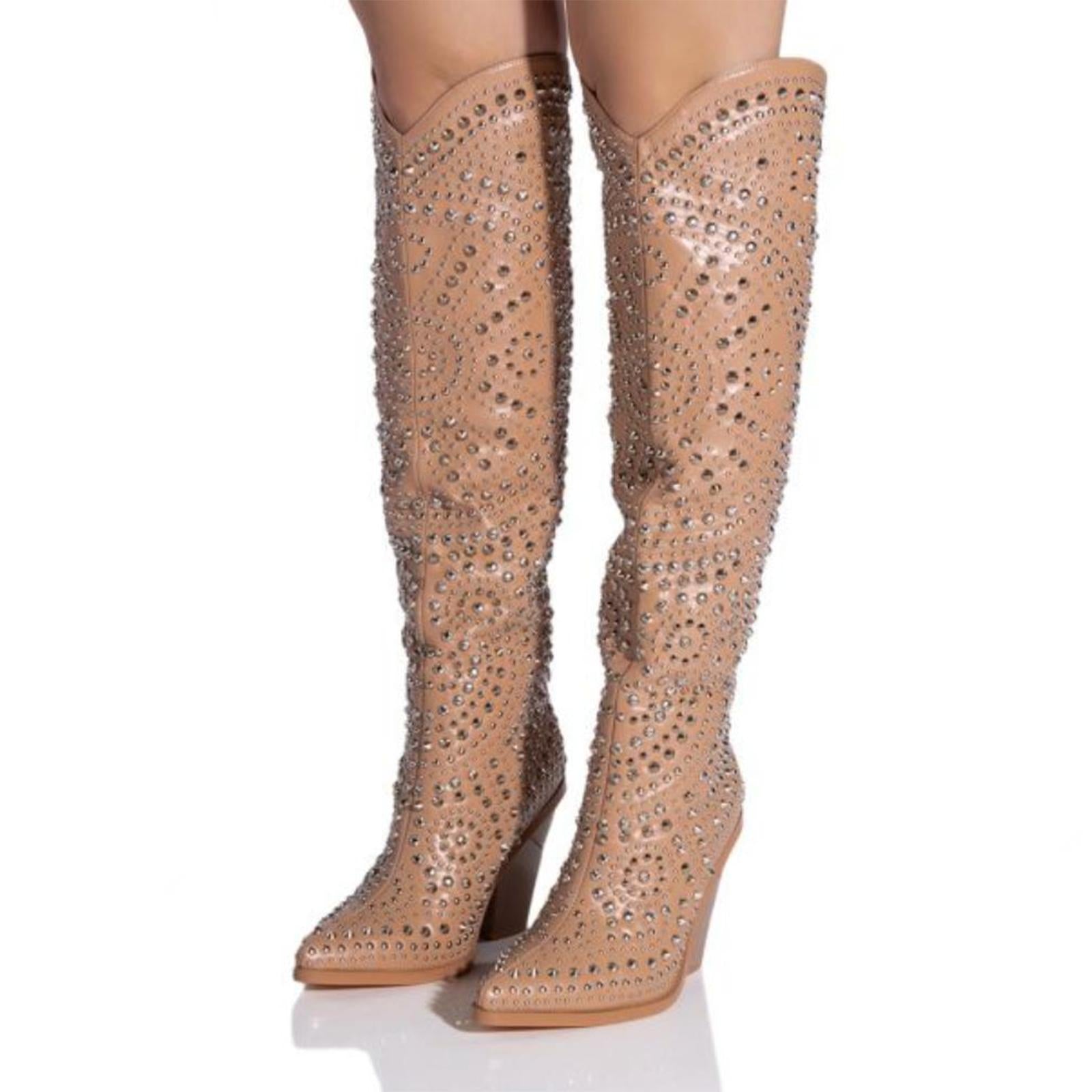 Tuhoomall Western Style Mid Calf Cowboy Boots with Chunky Heel, Pointed Toe, Zipper Closure, Studded Design, Vegan Leather, Ideal for Spring, Fall & Winter