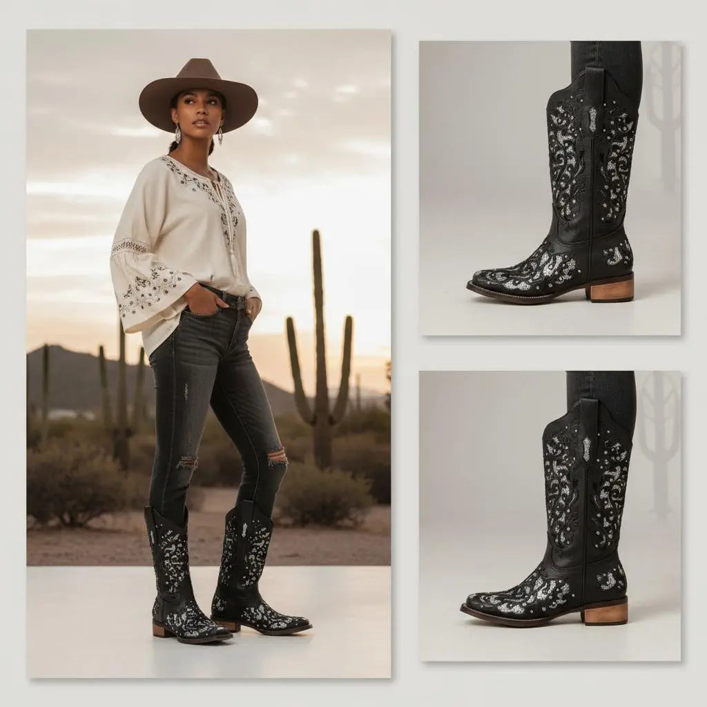 Tuhoomall Western Style Embroidered Mid-Calf Boots For Fashion, Travel, Outdoor - Chunky Heel, Faux Suede, Slip-On, Rhinestones, 3cm Heel Height Tuhoomall