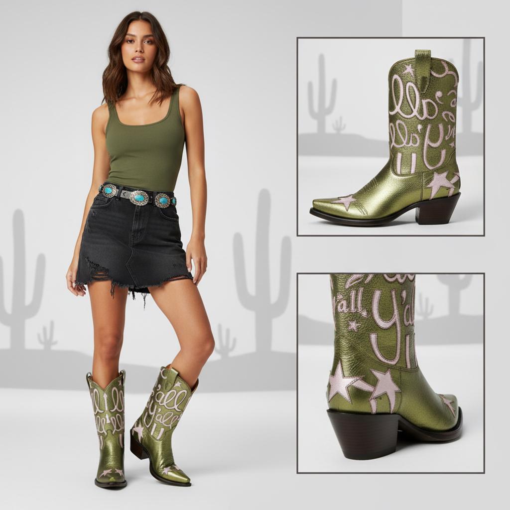 Tuhoomall Comfortable Western Boots for Fashion Parties and Daily Wear with Star and Letter Embroidery, Chunky Heel, Slip-On Design Tuhoomall