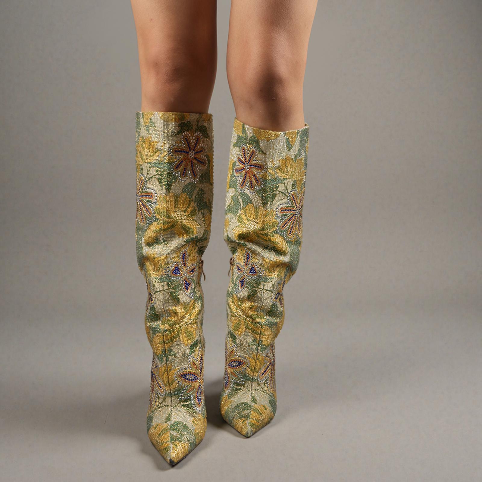 Tuhoomall Over-The-Knee Western Style Boots For Women, Comfortable Floral Design, Perfect For Parties And Casual Outfits
