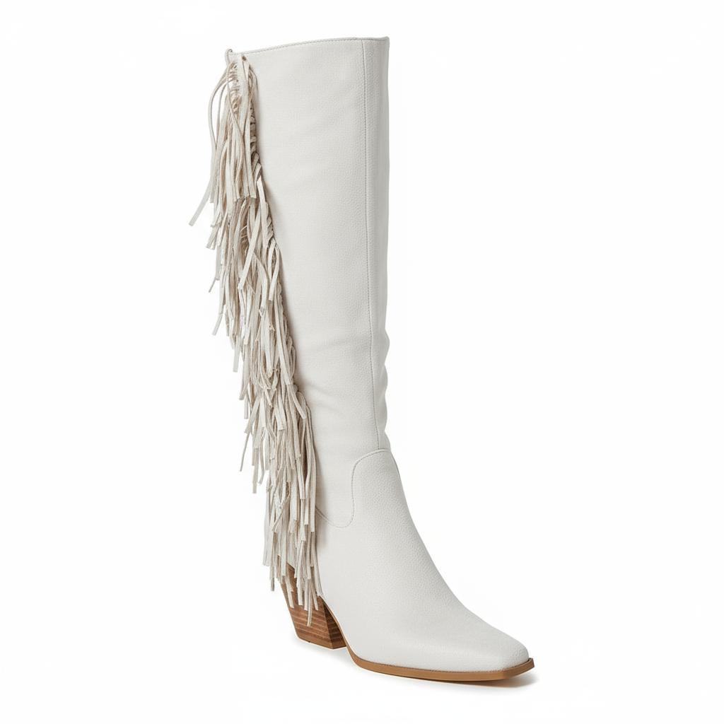 Tuhoomall Western Knee High Boots with Fringe, Round Toe, Chunky Heels for Stylish Casual Fashion, All Season Comfort