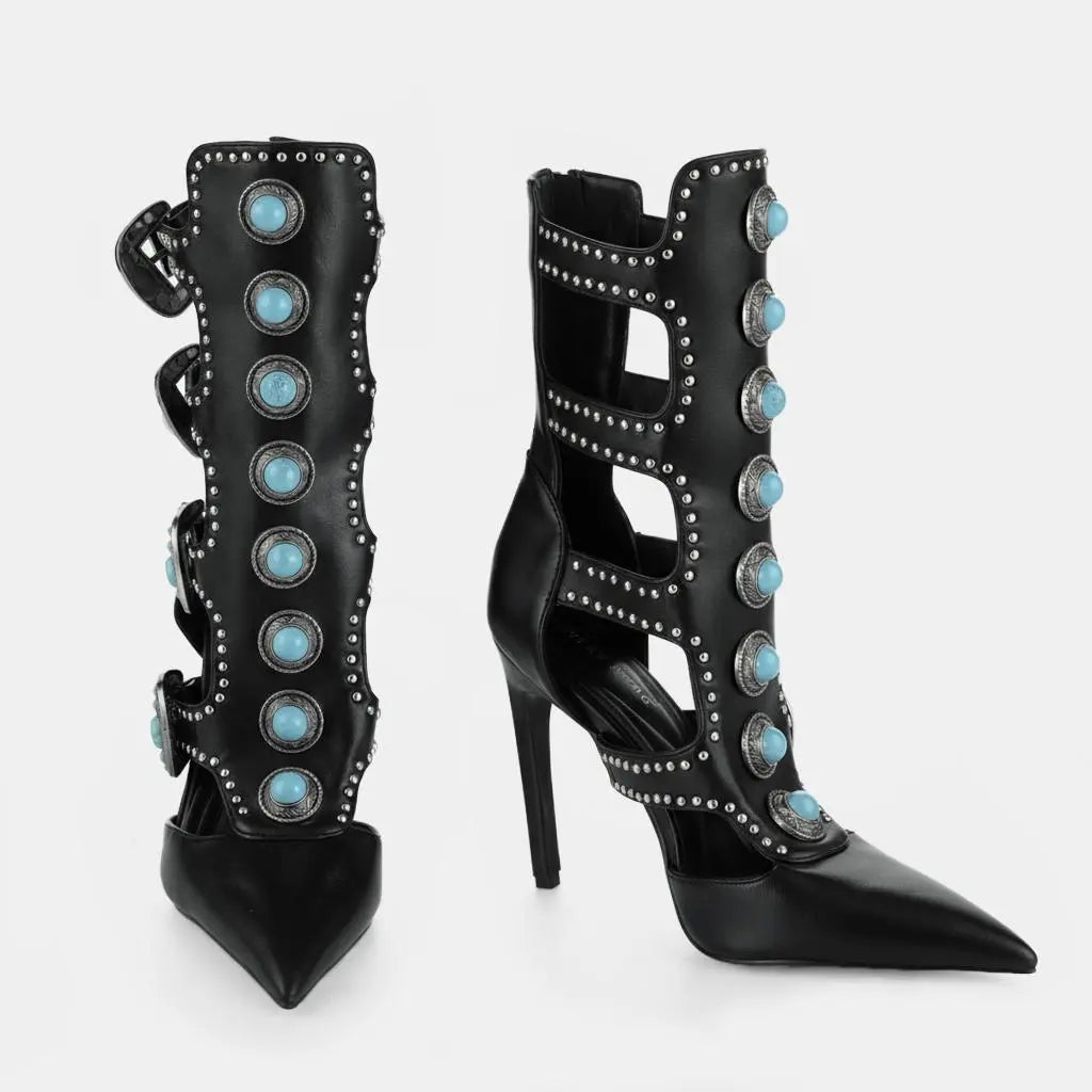 Tuhoomall Fashion Ankle Boots for Women with Chunky Heels, Pointed Toe, Embellished Design, Perfect for Casual, Performances, and Parties Tuhoomall