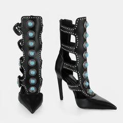 Tuhoomall Fashion Ankle Boots for Women with Chunky Heels, Pointed Toe, Embellished Design, Perfect for Casual, Performances, and Parties Tuhoomall