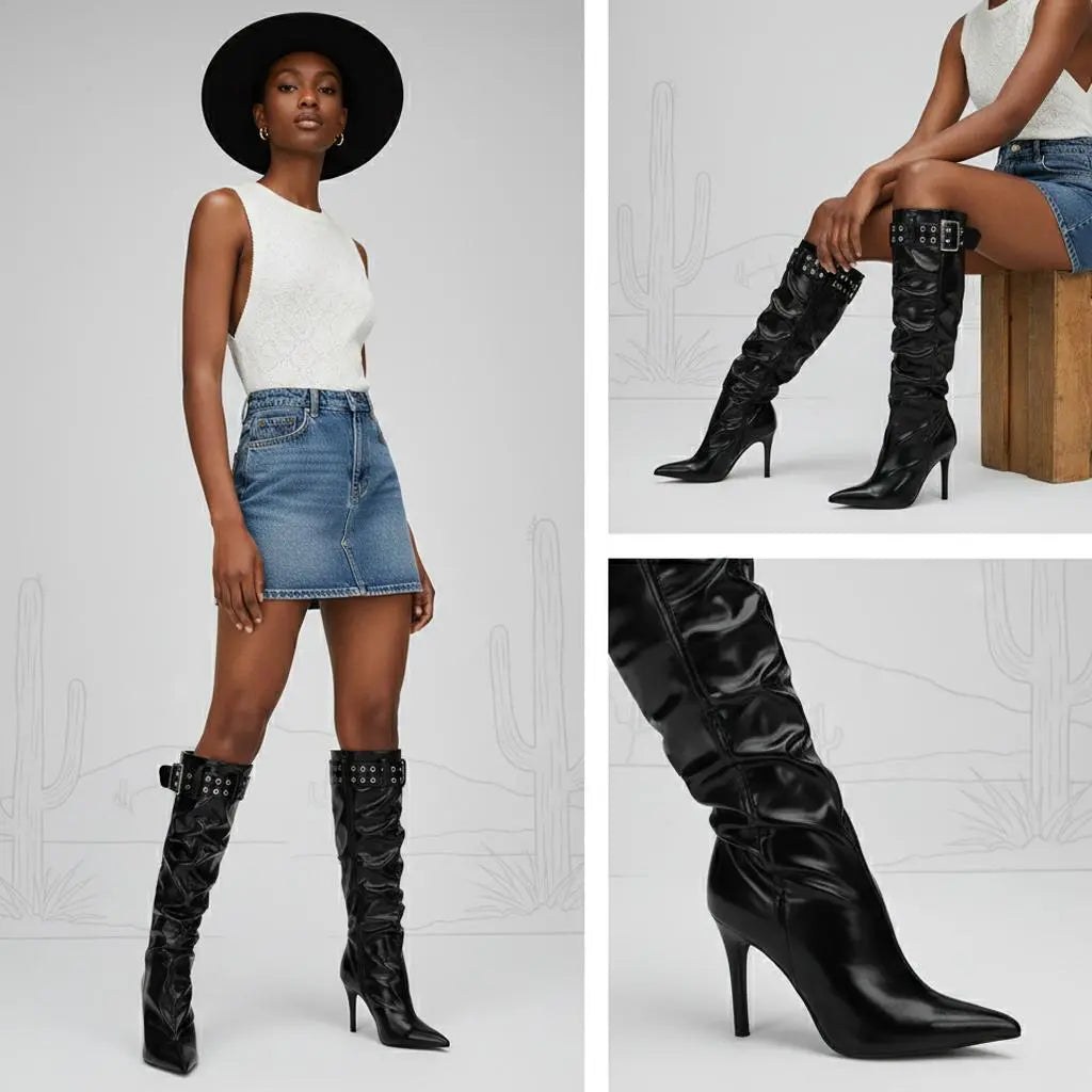 Tuhoomall Heels Boots for Women, Comfortable Folds, Outdoor Fashion, 9.5cm Heels, Slip-On Style, Metal Buckles, Versatile Casual Wear Tuhoomall
