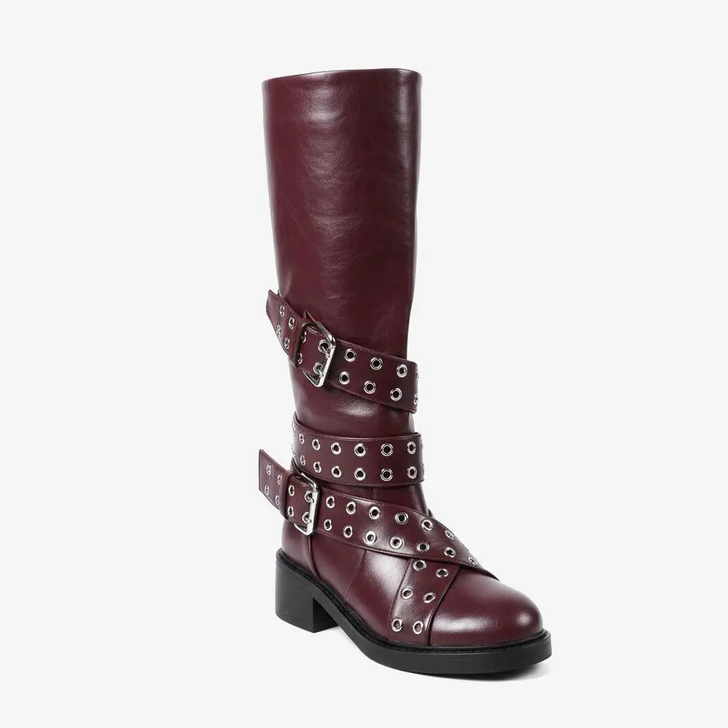 Tuhoomall Knee-High Stylish PU Combat Boots for Women with Adjustable Buckles and Metallic Accents, Casual and Formal Wear, Comfortable Low Chunky Heel Tuhoomall